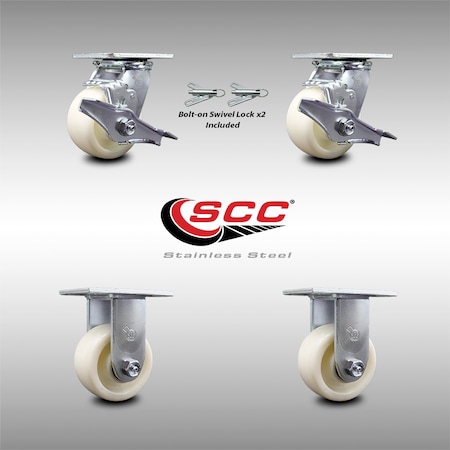 Service Caster 4 Inch Stainless Steel Nylon Caster Set with 2 Brakes/Swivel Lock 2 Rigid SCC SCC-SS30S420-NYB-TLB-BSL-2-R-2